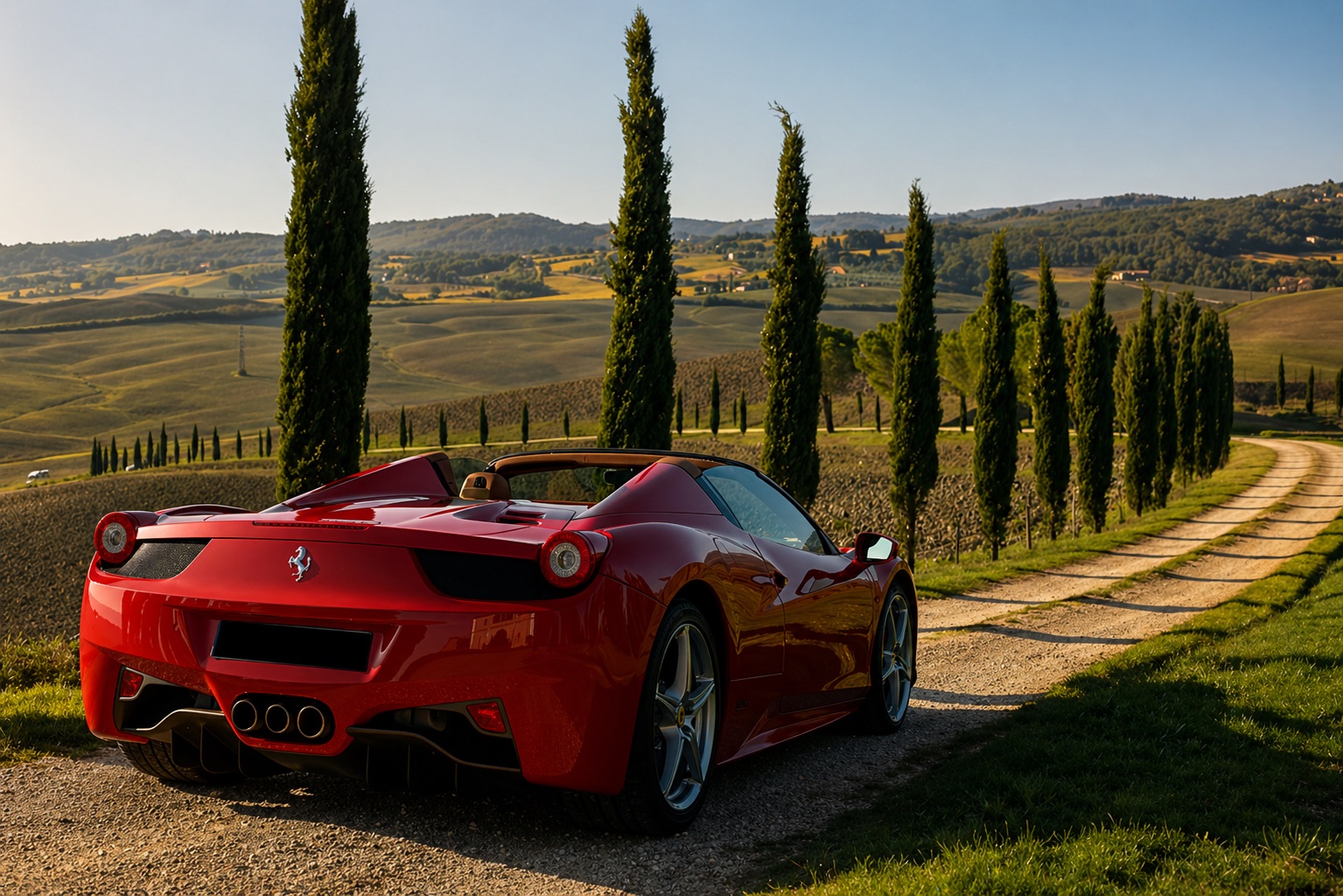 Ferrari on the Tuscan cypress road